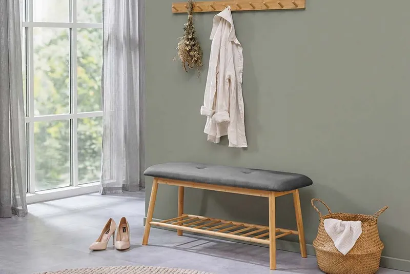 riess-ambiente Schuhbank ZEN-BO 90cm natur/grau - Bambus, FSC, Regal, Sitzbank, mit Stauraum (Einzelartikel, 1-St), Gepolsterte Garderobenbank aus Massivholz - ideal für Eingangsbereich, Grau, – Produktbild 1 von 5