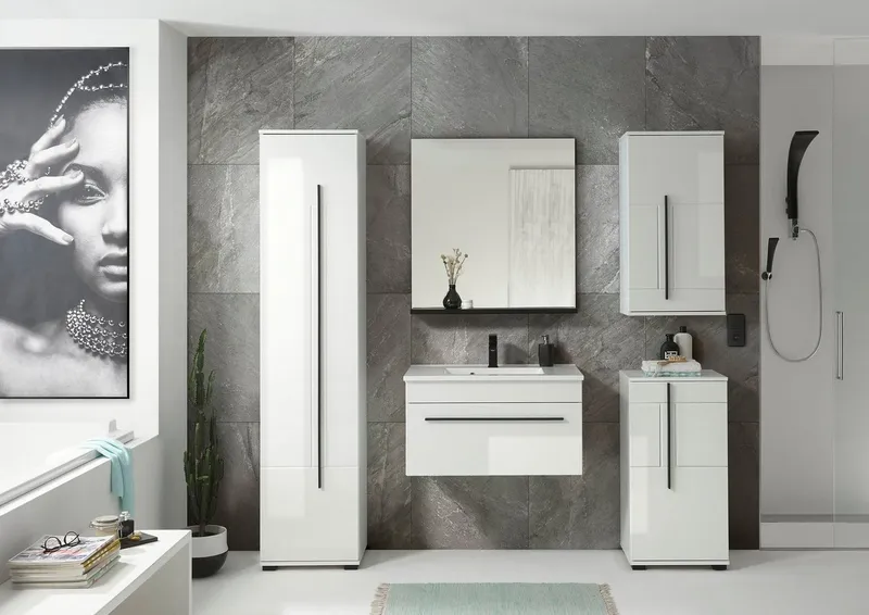 Home affaire Hochschrank Cantara, Badschrank in Hochglanz Weiß, Hochschrank im modernen Design mit schwarzen Griffen, ausreichend Stauraum, Weiß, – Produktbild 1 von 8