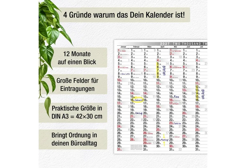 TOBJA Wandkalender Wandkalender 2027 A3 Querformat – Großer Jahresplaner KW, Klassisch schwarz-weiß, KW, FSC-Papier, Rückseite Jahresplanung – Produktbild 4 von 5