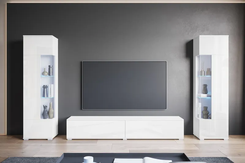 OTTO home Wohnwand Kenia, Vitrine Türanschlag links/rechts wechselbar, (3-St), Vitrinen mit Eckverglasung, hängend und stehend montierbar, Weiß, – Produktbild 4 von 4