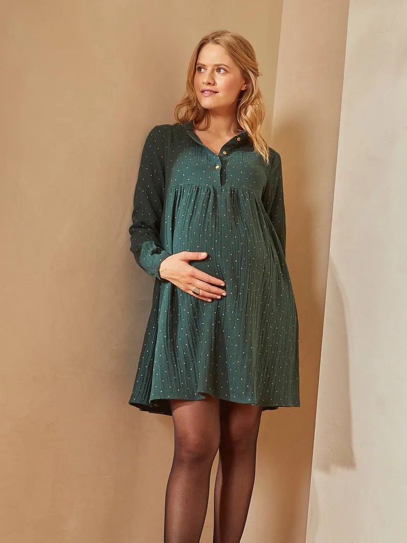 Vertbaudet Bedrucktes Kleid für Schwangerschaft & Stillzeit, Grün, – Produktbild 2 von 4