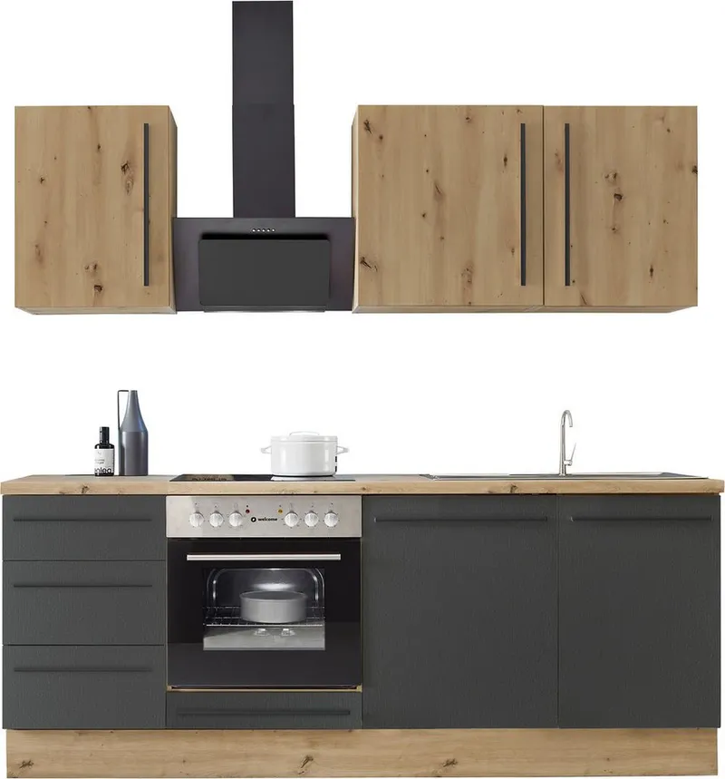 KOCHSTATION Küchenzeile KS-Florida mit 38mm starker Arbeitsplatte, Breite 220 cm, wahlweise mit E-Geräten, Soft-Close-Funktion, Schwarz, – Produktbild 2 von 5