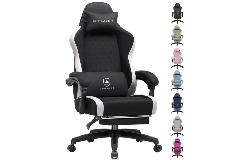 GTPLAYER Gaming-Stuhl Ergonomischer Gaming Sessel Schreibtischstuhl aus Stoff/Kunstleder (Packung), Federsitzkissen mit Fußstütze, Schwarz, – Produktbild 1 von 5