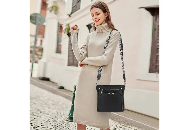 TAN.TOMI Schultertasche Handtasche damen mittelgroß Umhängetaschen crossbody bag, Retro leder PU damentaschen mit breitem gurt handtaschen, Schwarz, – Produktbild 2 von 5