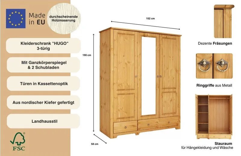 OTTO home Kleiderschrank Hugo (3 Breiten: 106/200/245 cm H/T ca. 190/58 cm) aus massiver Kiefer im Landhausstil, mit Spiegel, Beige, – Produktbild 4 von 8