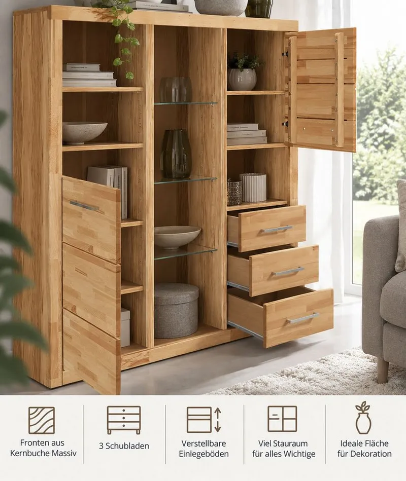 OTTO home Highboard Ribe,130cm breit145cm hoch,Fronten Massivholz,12 Fächer, Korpus aus Holzwerkstoff, Metall Griffe,Böden versetzbar, Braun, – Produktbild 4 von 4