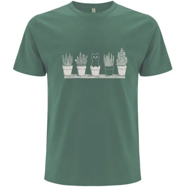 Spreecult Spreecult Blumen Katze - Bio und Fair - Männer Unisex T-Shirt - Pot Cat, Sage green, – Produktbild 1 von 2