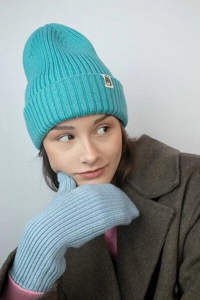 Strickmütze aus Merinowolle, abstehend Unisex Kiwistories, Türkis, – Produktbild 4 von 4