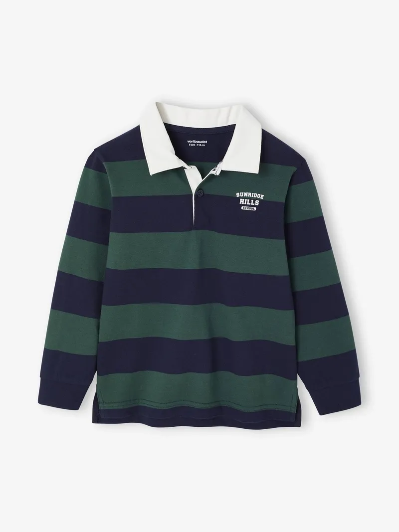 Vertbaudet Vertbaudet Gestreiftes Jungen Langarm-Poloshirt mit Kontrast-Kragen, Grün, – Produktbild 1 von 3