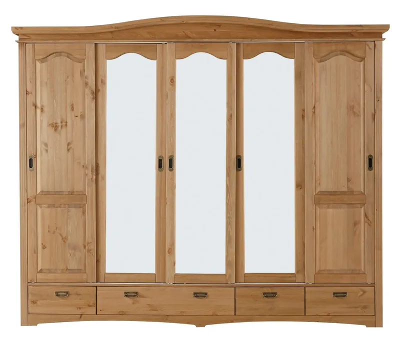 OTTO home Schiebetürenschrank Konrad, Landhausstil, rustikal, mit Schubladen + Spiegel, Kassetten (B/H/T ca. 249 cm x 207 cm x 64 cm) massive Kiefer, FSC®-zertifiziert, Messinggriffe, Beige, – Produktbild 4 von 5