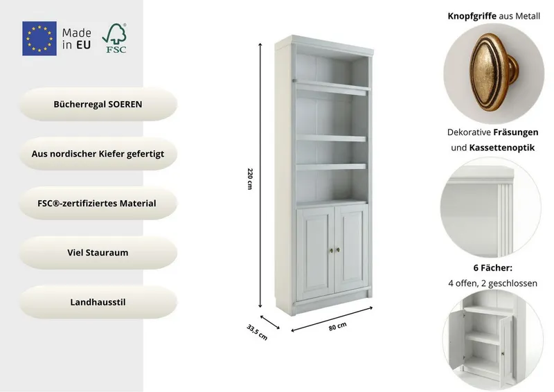 OTTO home Bücherregal Soeren, aus massiver Kiefer, FSC®-zertifiziert, Tiefe 33,5 cm, Weiß, – Produktbild 1 von 5