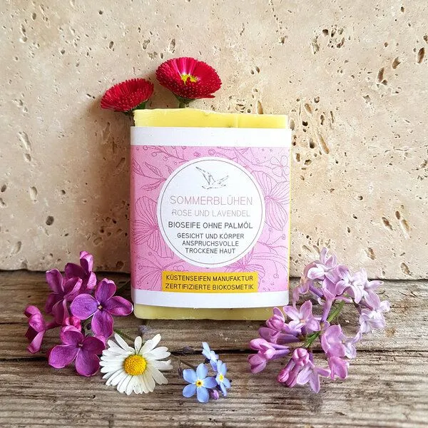 Küstenseifen Manufaktur Küstenseifen Manufaktur Sommerblühen - Bioseife Rose & Lavendel für trockene Haut - Biokosmetik – Produktbild 1 von 4