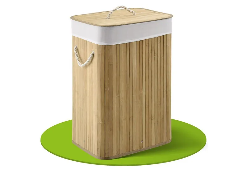 Juskys Wäschekorb Curly 72 L in Natur aus Bambus mit Deckel & waschbarem Wäschesack, Wäschesammler für 2 Personen, faltbar mit Griffen, 40 x 30 x 60 cm, Beige, – Produktbild 1 von 5