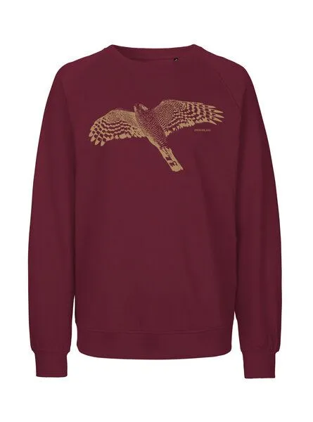 Peaces.bio - handbedruckte Biomode Peaces.bio - handbedruckte Biomode Bio Damen-Sweatshirt Loose Fit Sperber, Bordeaux, – Produktbild 1 von 2