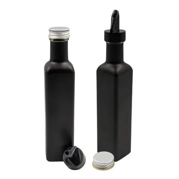 mikken mikken 2er Set Ölflasche / Essigflasche 250 ml mit Ausgießer Glasflaschen mit Dosierer + Schraubdeckel + 2 Etiketten, Black, – Produktbild 1 von 2
