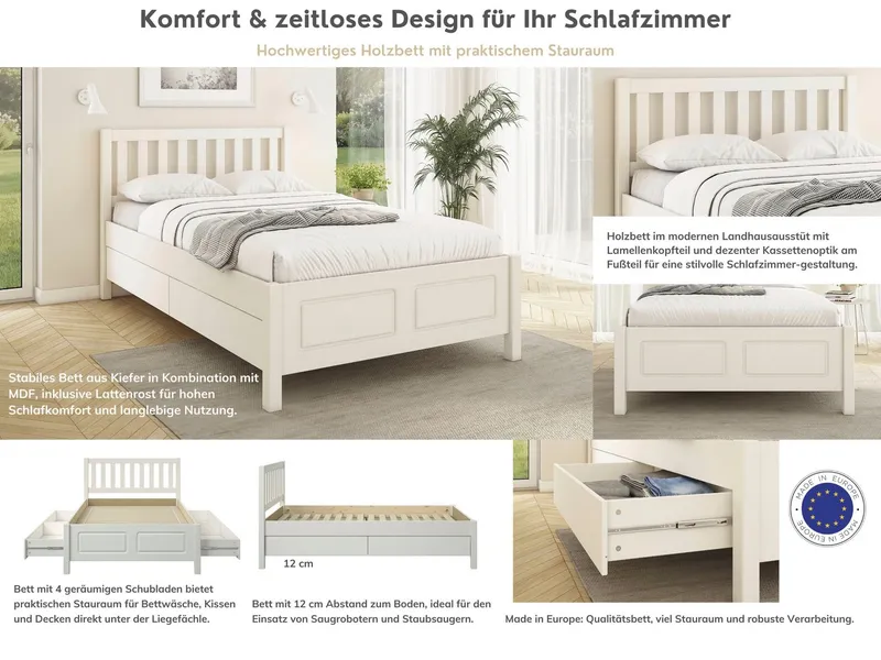OTTO home Stauraumbett Synnra, maximaler Stauraum, 4 Schubladen, Made in EU, Landhausstil (Liegefläche 120x200 cm, inklusive Lattenrost), FSC® zertifiziert, Kassettenfront, Stauraumlösung und Komfort, Weiß, – Produktbild 3 von 4
