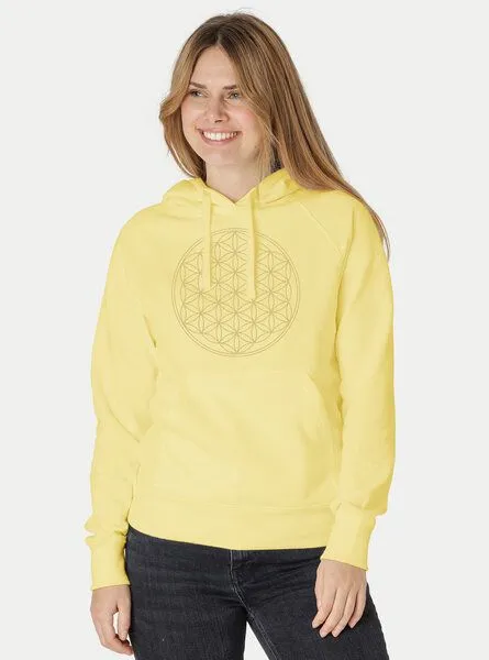 Peaces.bio - handbedruckte Biomode Peaces.bio - handbedruckte Biomode Bio-Damen-Kapuzensweater Die Blume des Lebens, Hellgelb, – Produktbild 2 von 3
