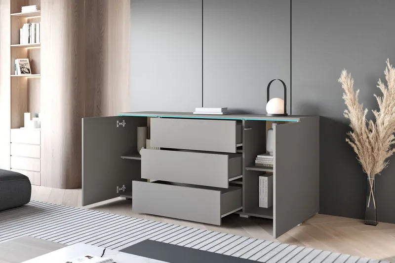 Home affaire Sideboard VERA, grifflos, verstellbare Einlegeböden, Wahlweise mit oder ohne Beleuchtung, Grau|weiß, – Produktbild 6 von 6
