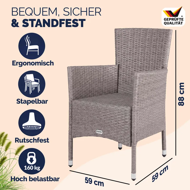 Casaria® Polyrattan Gartenstuhl 3er-Set Creme stapelbar – Produktbild 2 von 2