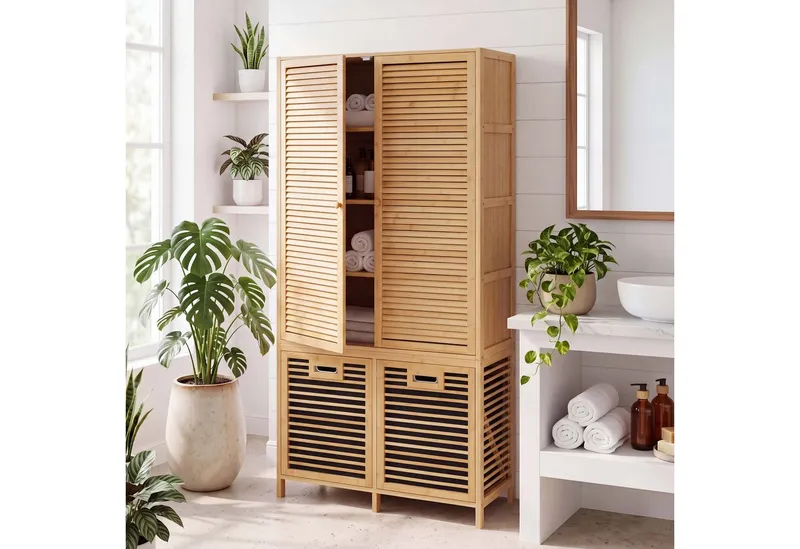 MCW Hochschrank MCW-N83-T Mit Ablagefächern und zwei Wäschekörben, Braun, – Produktbild 1 von 4