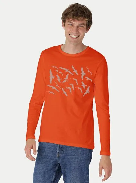 Peaces.bio - handbedruckte Biomode Peaces.bio - handbedruckte Biomode Bio-Herren-Langarmshirt Möwen, Orange, – Produktbild 2 von 2