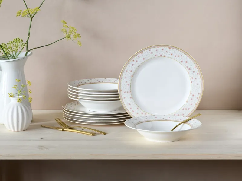creaTable Tafelservice Emilja, Tafel-Service 12-tlg (12-tlg), 6 Personen, Porzellan, Teller Set, Blumendekor, Weiß, – Produktbild 5 von 5