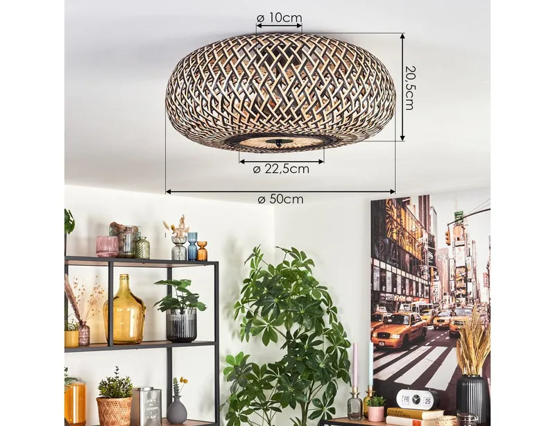 hofstein Deckenleuchte Deckenlampe aus Metall/Bambus in Schwarz/Natur, ohne Leuchtmittel, Boho-Style, skandinavisches Design, Schirm Ø 50cm, Lichteffekt, 3x E27, Beige|schwarz, – Produktbild 4 von 5