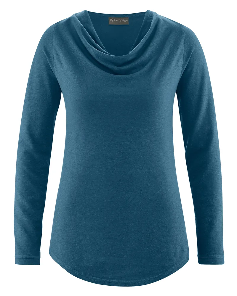 HempAge Hempage Damen vegan Top Mit Langen Ärmeln Und Wasserfallausschnitt, Reef, Blaugrün, Blau, – Produktbild 1 von 2