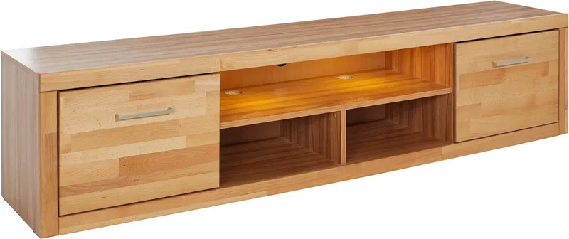 OTTO home Lowboard Logo,200cm breit,42 cm tief, Fronten Massivholz, Kabeldurchführung, Korpus Holzwerkstoff,2 Klappen, 5 Fächer, Metallgriffe, Braun, – Produktbild 2 von 5