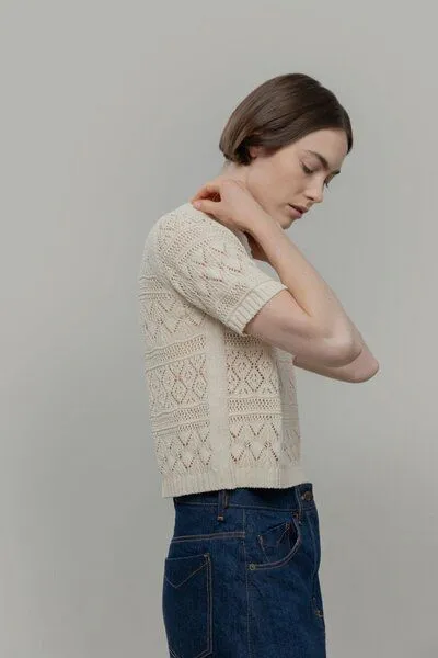 Rifò - Circular Fashion Made in Italy Rifò - Circular Fashion Made in Italy Neda Kurzarm-Pulllover aus recykelter und Bio-Baumwolle, Ecru, – Produktbild 2 von 3