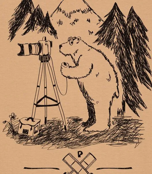 päfjes päfjes Foto T-Shirt | Fotokamera analogfotografie mit Bär - Unisex Männer Bio Siebdruck Shirt, Braun (latte), – Produktbild 3 von 3