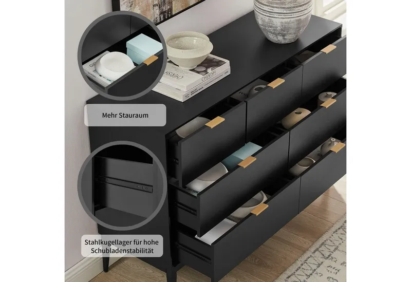 Leonique Kommode Lavisha, FSC-zertifiziertes Holz kombiniert Melamin, verchromten Metallgriffen, Schwarz, – Produktbild 1 von 5