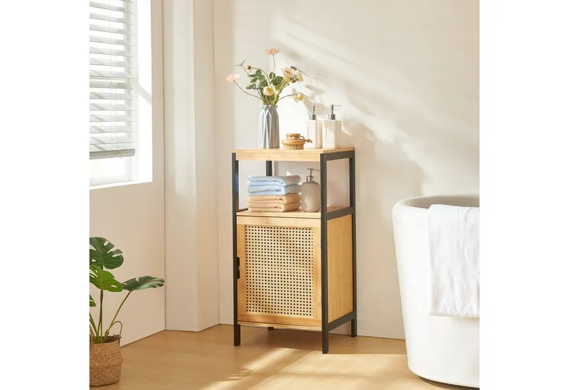 en.casa Badkommode, »Tervola« Midischrank 80x40x35cm Bambus/Rattanoptik Schwarz, Beige|schwarz, – Produktbild 2 von 3