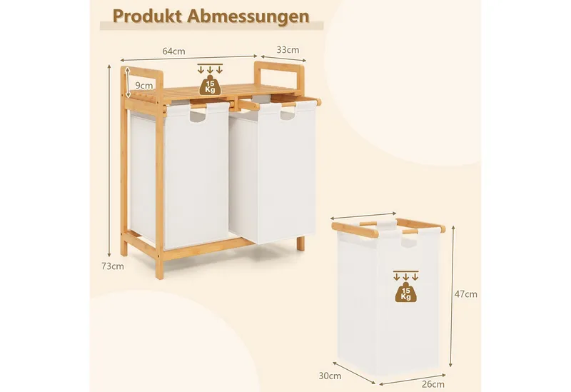 COSTWAY COSTWAY Wäschekorb, 2 Fächer Bambus, mit Ablage, ausziehbare Wäschesäcke, Weiß, – Produktbild 4 von 4