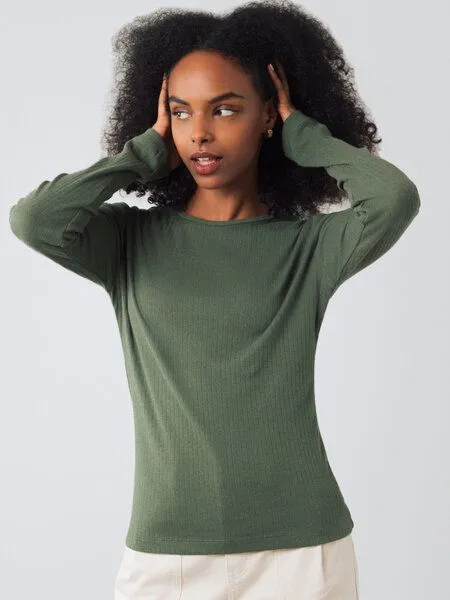 Honest Basics Honest Basics Damen Geripptes Langarmshirt aus Bio- und recycelter Baumwolle, Thymian, – Produktbild 1 von 4