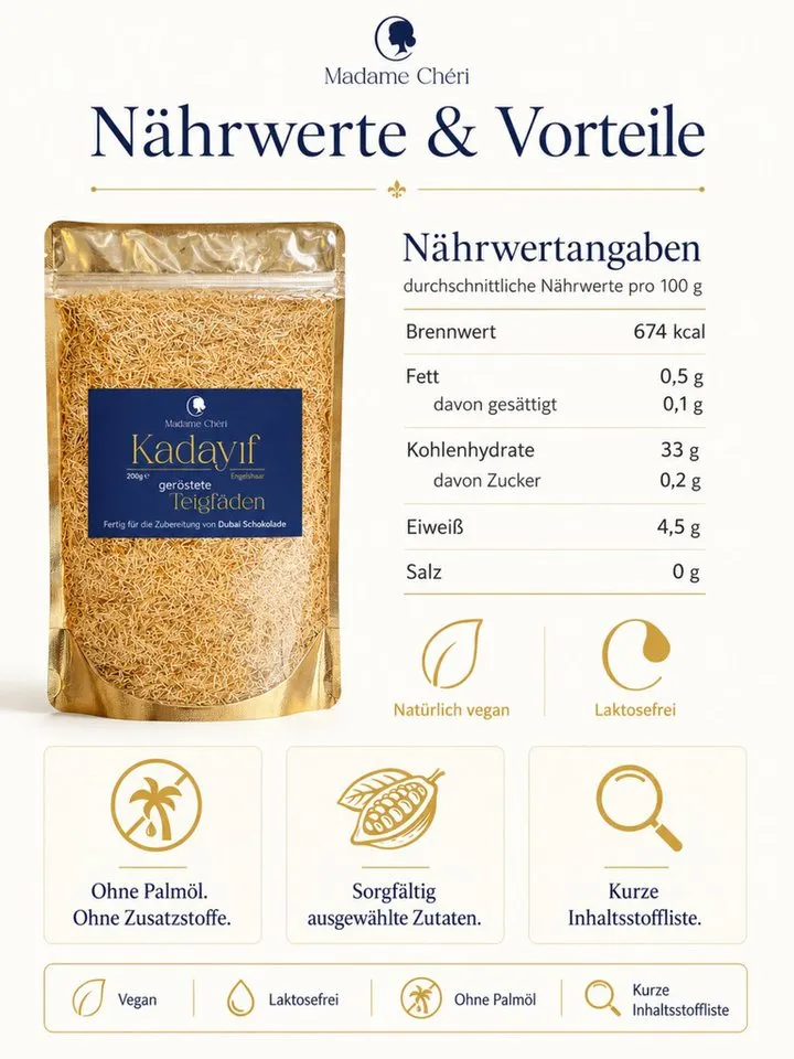 Madame Chéri Backzutat Kadayif geröstete Teigfäden 200g für Dubai Schokolade, geröstet, ohne Zusatzstoffe, ohne Palmöl – Produktbild 3 von 4