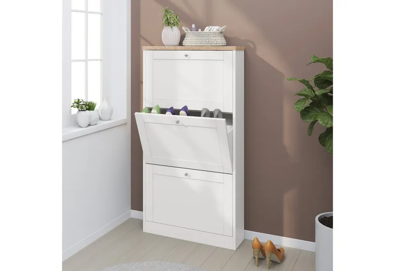 OTTO home Schuhschrank Heide Breite 70 cm, mit 3 Klappen und Facettenfront, Höhe ca. 130 cm, Weiß, – Produktbild 6 von 7