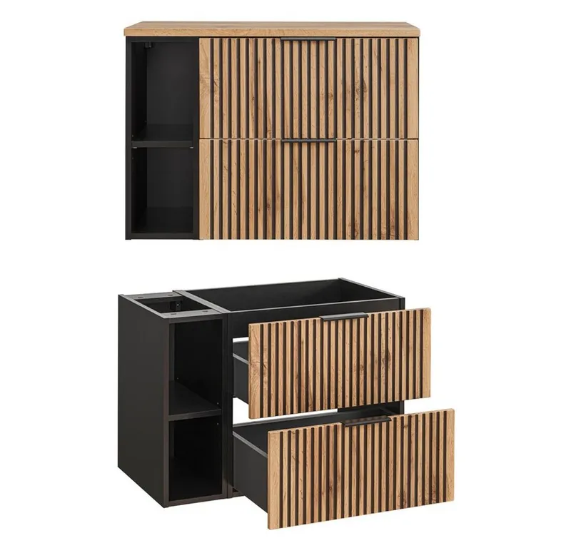 Lomadox Waschbeckenschrank XANTEN-56 mit Regal in anthrazit mit Eiche Nb. schwarz gerillt, Braun|grau, – Produktbild 3 von 5