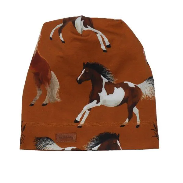 Walkiddy Babymütze GOTS-zertifiziert aus Bio-Baumwolle, braun mit Joyful-Horses-Print, weicher Jersey, dehnbar & hautfreundlich – Walkiddy – Produktbild 1 von 2