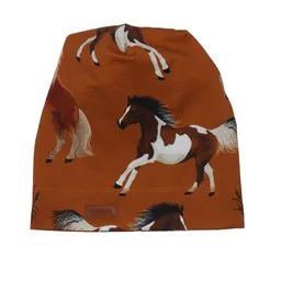 Walkiddy Babymütze GOTS-zertifiziert aus Bio-Baumwolle, braun mit Joyful-Horses-Print, weicher Jersey, dehnbar & hautfreundlich – Walkiddy – Produktbild 1 von 1