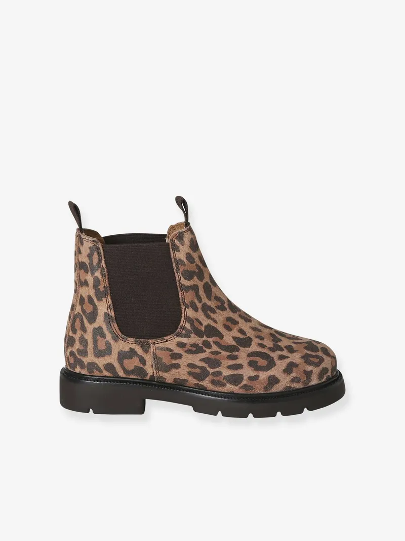 Vertbaudet Vertbaudet Leder-Boots mit Dehneinsätzen und Profilsohle Leo-Print Mädchen, Beige, – Produktbild 2 von 4
