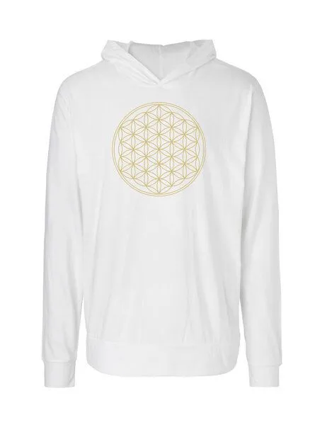 Peaces.bio - handbedruckte Biomode Peaces.bio - handbedruckte Biomode Damen Jersey-Hoodie Die Blume des Lebens, Weiß, – Produktbild 1 von 1