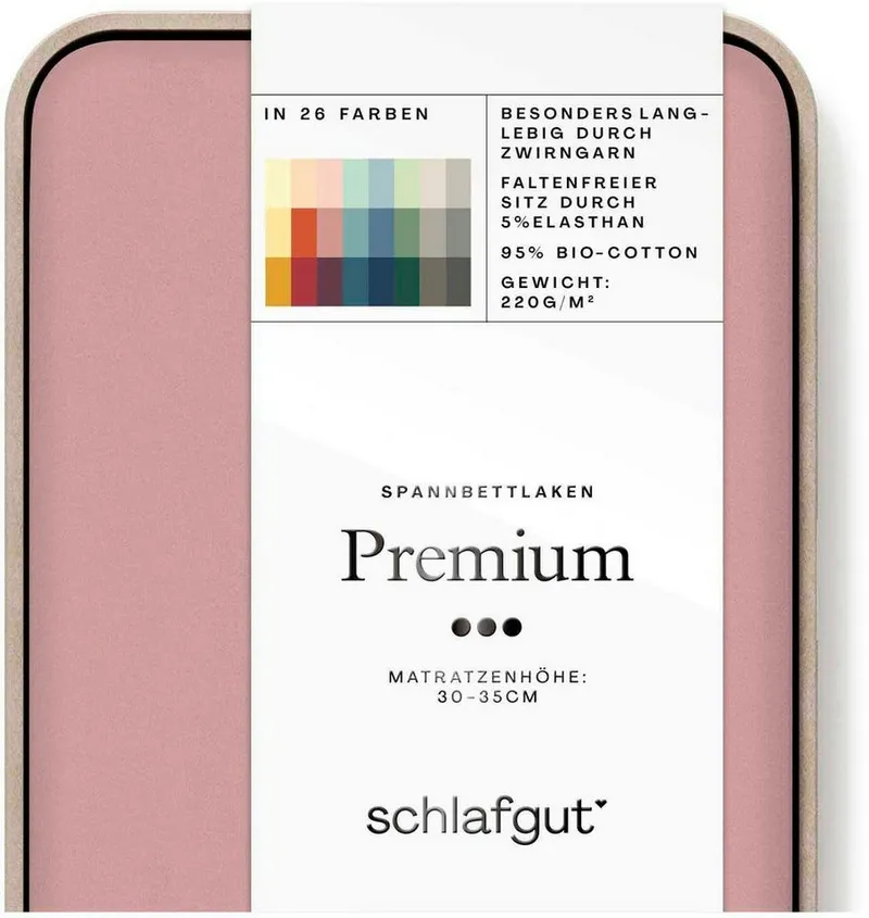 Schlafgut Schlafgut Spannbettlaken PREMIUM Mako-Zwirn-Jersey, 220 g/m², 95% Bio-Baumwolle, 5% Elasthan, Mako-Zwirn-Jersey, Gummizug: rundum, (1 Stück), Bettlaken bis 30 cm Höhe, PREMIUM-Qualität langlebig, perfekter Sitz, Lila, – Produktbild 3 von 5