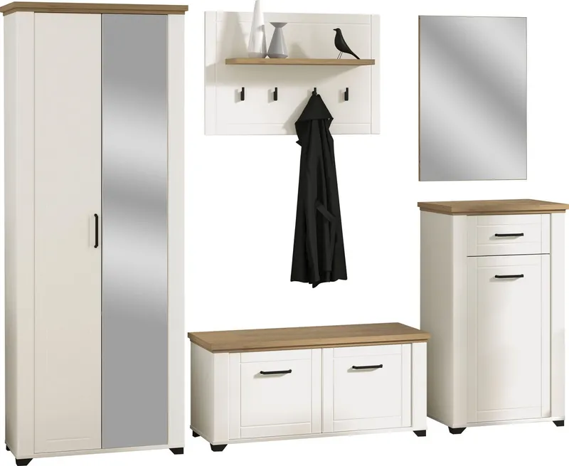 Home affaire Garderoben-Set Valencia 5-teiliges Set mit Spiegel und Kleiderhaken, (Set, 5-St., Garderobenschrank, Schuhkommode, Schuhbank, Garderobenpaneel, Spiegel), Weiß, – Produktbild 1 von 4