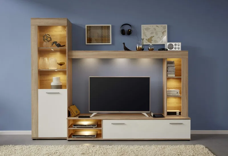 Home affaire Wohnwand Laholm, (Set, 4-St), Wohnwand mit Tür, Klappe & 6 Fächern - (B/T/H) 240/41/185 cm, Beige, – Produktbild 2 von 5