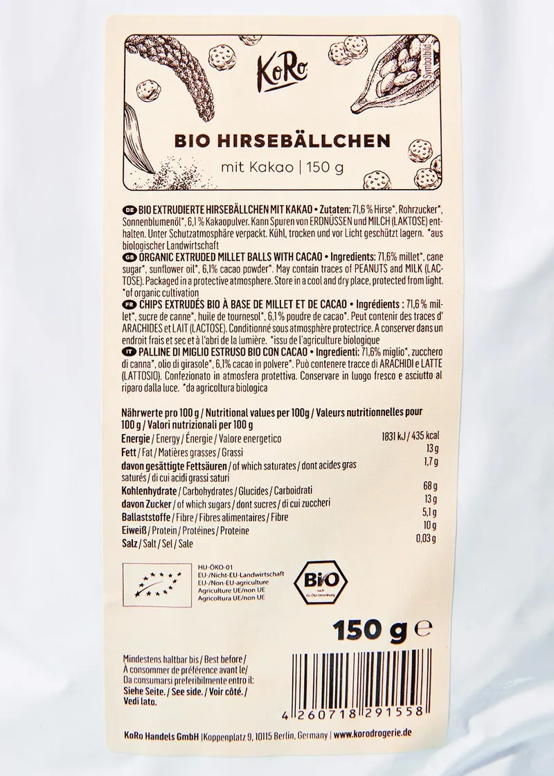 KoRo Bio Hirsebällchen mit Kakao 150 g – Produktbild 4 von 5
