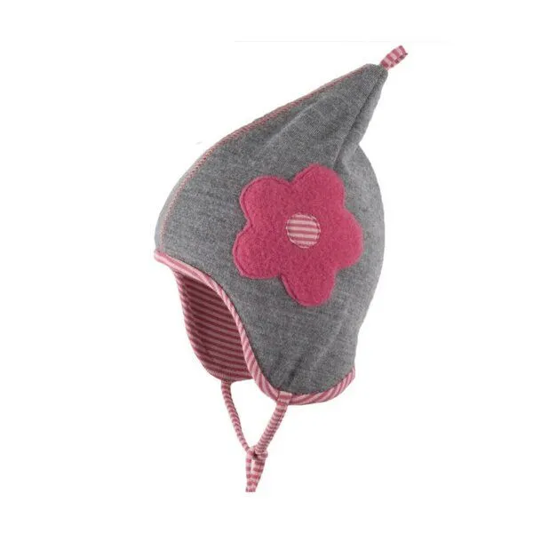 Pure pure by Bauer Pure pure by Bauer pure-pure by Bauer Zipfelmütze in grau-fuchsia mit Blume Merinowolle – Produktbild 1 von 1