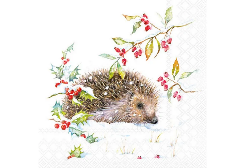 Ambiente Luxury Paper Products Papierserviette, Servietten Papier 33x33cm 3-lagig mit Winter Igel Motiv 20 Stück, Braun|rot|weiß, – Produktbild 1 von 1