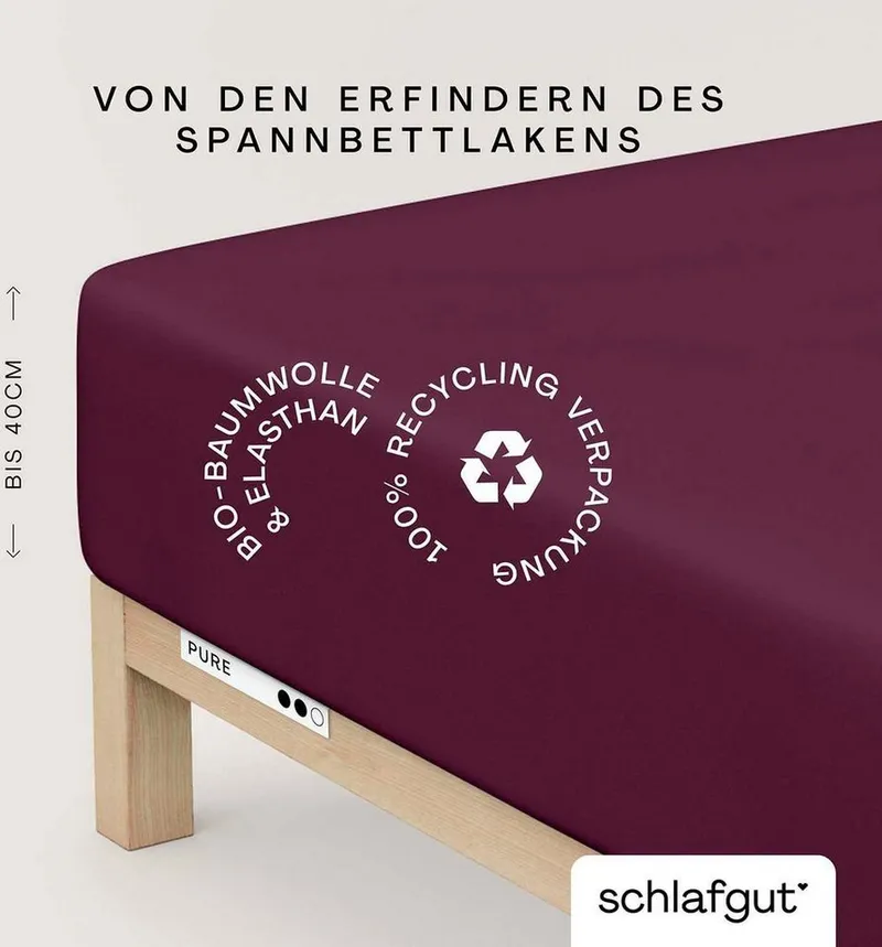 Schlafgut Schlafgut Spannbettlaken PURE BOXSPRING Bio-Baumwolle mit Elasthan, 170 g/m², Bettlaken, Jersey-Elasthan, Gummizug: rundum, (1 Stück), PREMIUM Boxspringbett Laken bis 40 cm Höhe, dehnbar blickdicht, straff, Lila, – Produktbild 2 von 5
