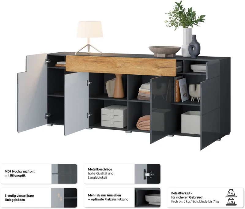 OTTO home Sideboard Toledo,Breite 208cm,moderne Kommode mit dekorative Fräsungen,grifflos, Kombikommode mit viel Stauraum, Einlegeböden verstellbar, Schwarz, – Produktbild 1 von 5